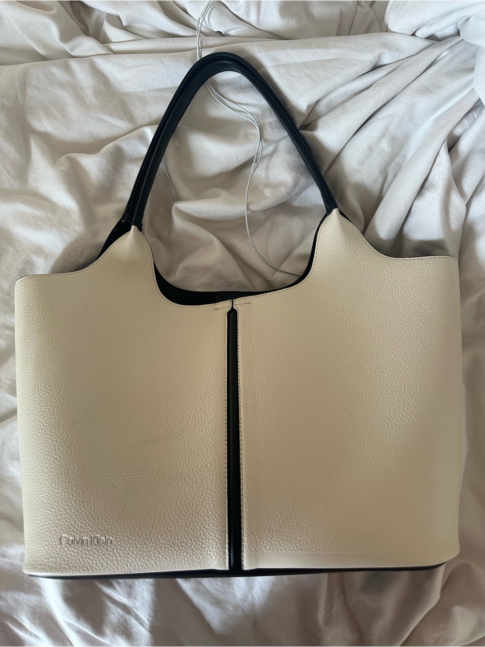 Calvin Klein Cream Leather Tote with Black Trim